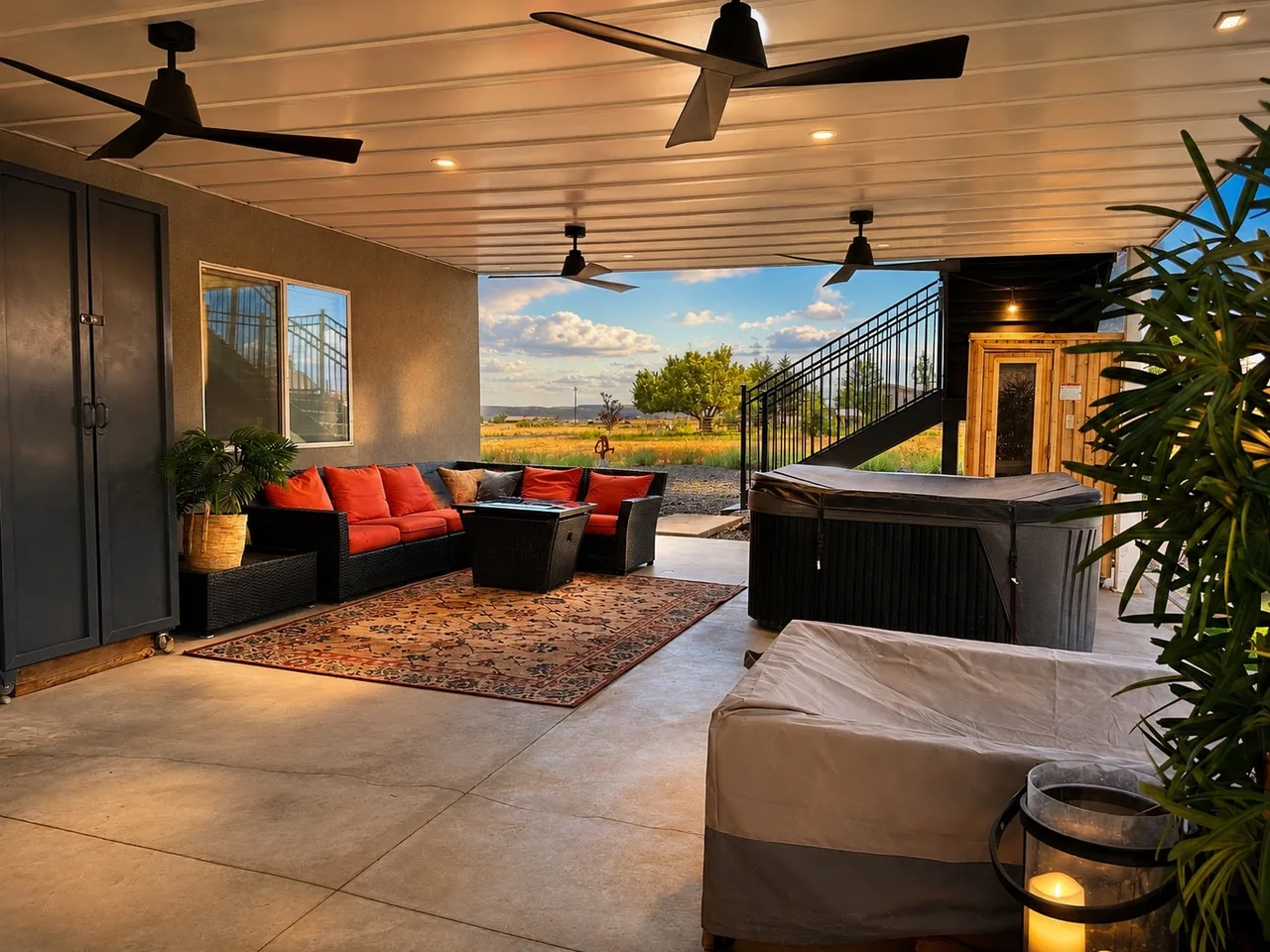 Covered outdoor lounge at Zion Luxury Retreat with a red-cushioned wicker sectional, covered hot tub, cedar barrel sauna, and the staircase up to the Sky Suite balcony.